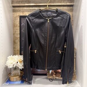 The Limited Black Faux Leather Moto Jacket Gold Zippers Women’s Small